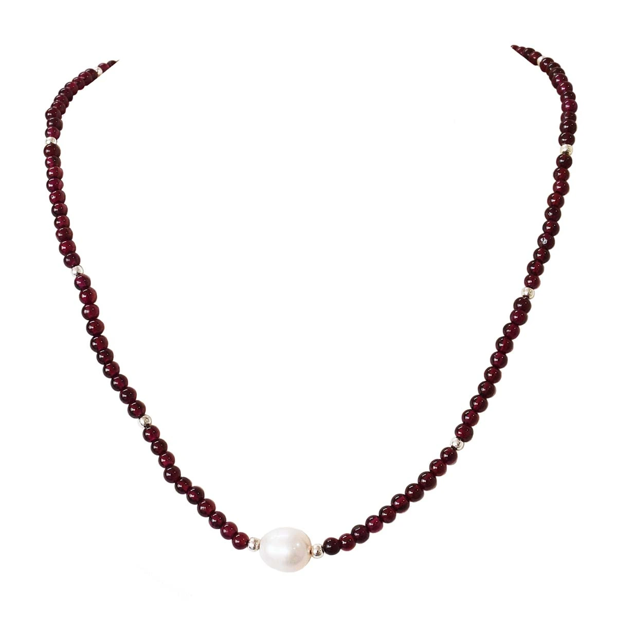 Single Line Garnet Necklace with Pearl Centre & Silver Beads | Elegant & Timeless Jewelry (SN1001)