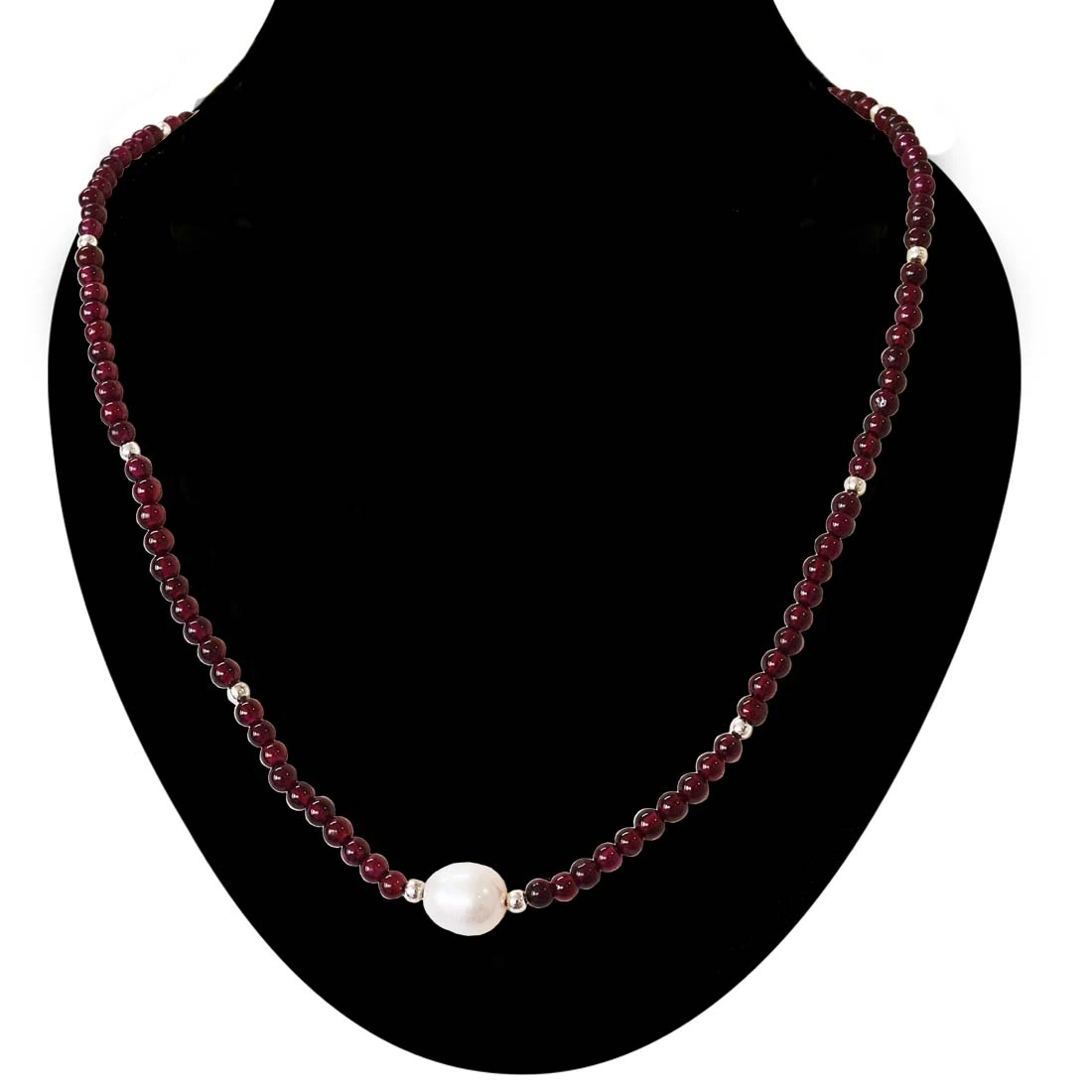 Single Line Garnet Necklace with Pearl Centre and Silver Beads (SN1001)
