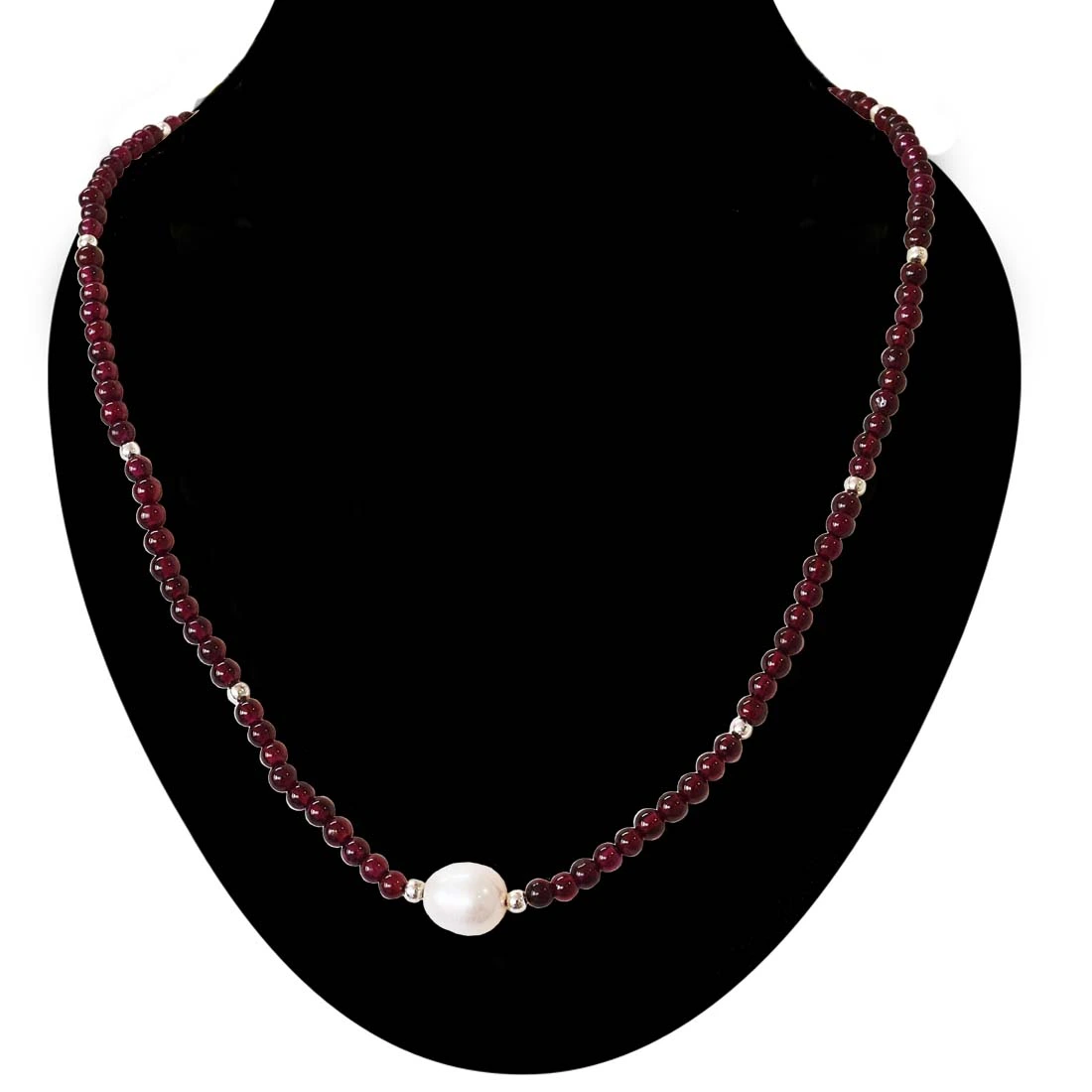 Single Line Garnet Necklace with Pearl Centre & Silver Beads | Elegant & Timeless Jewelry (SN1001)
