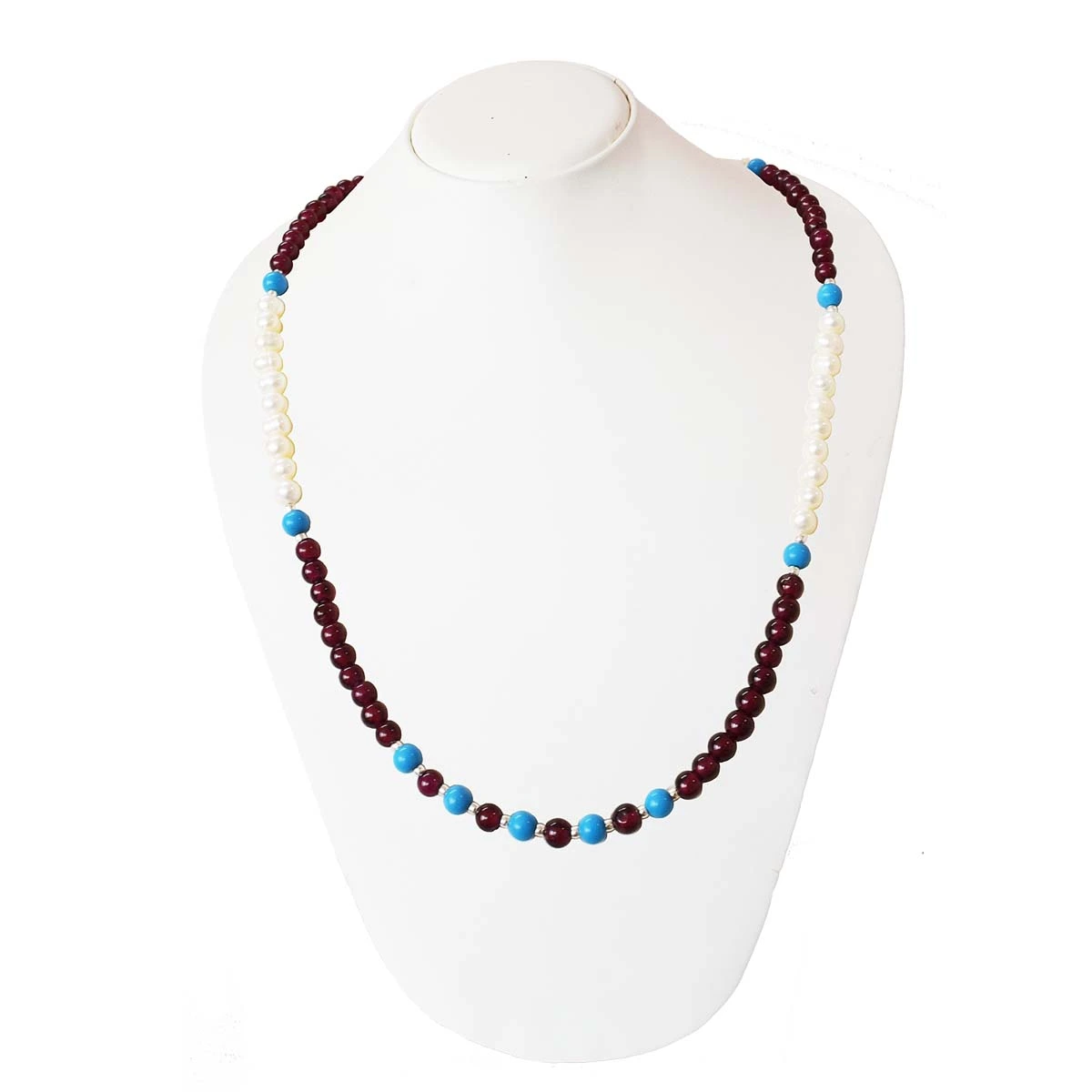 Single Line Red Garnet, Blue Turquoise and Pearl Necklace (SN1003)