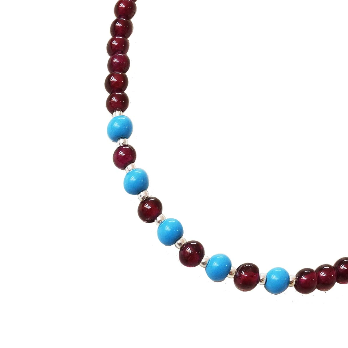 Single Line Red Garnet, Blue Turquoise and Pearl Necklace (SN1003)