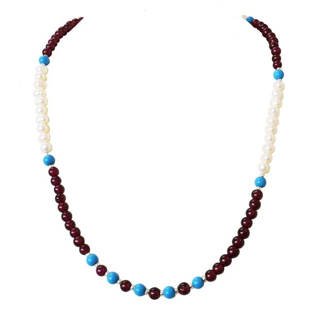 Single Line Red Garnet, Blue Turquoise and Pearl Necklace (SN1003)