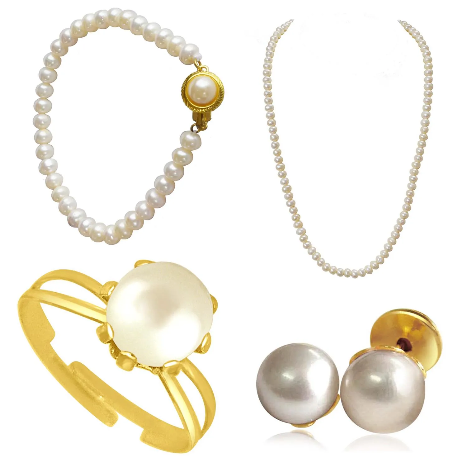 Single Line Real Natural Freshwater Pearl Necklace, Earrings, Ring, Bracelet Set (SN1004+SE65+Ring 58+SB75)