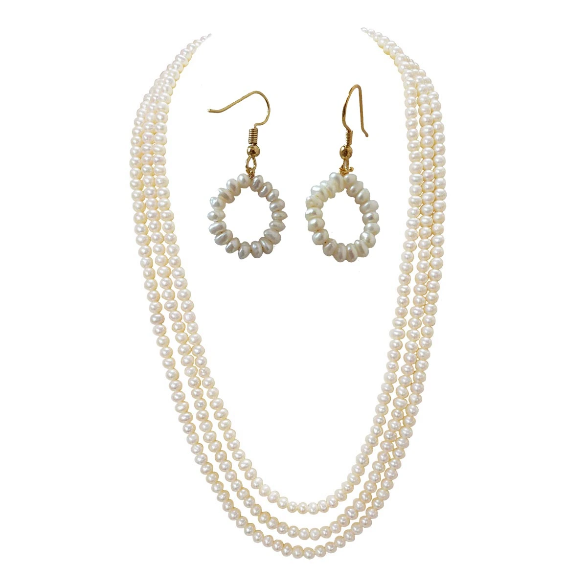 3 Line Real Natural Freshwater Pearl Necklace & Earrings Set for Women (SN1006+SE379)