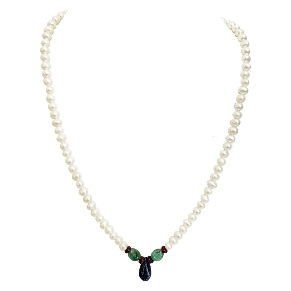 Drop Sapphire, Oval Emerald, Ruby Beads & Freshwater Pearl Necklace (SN1014)