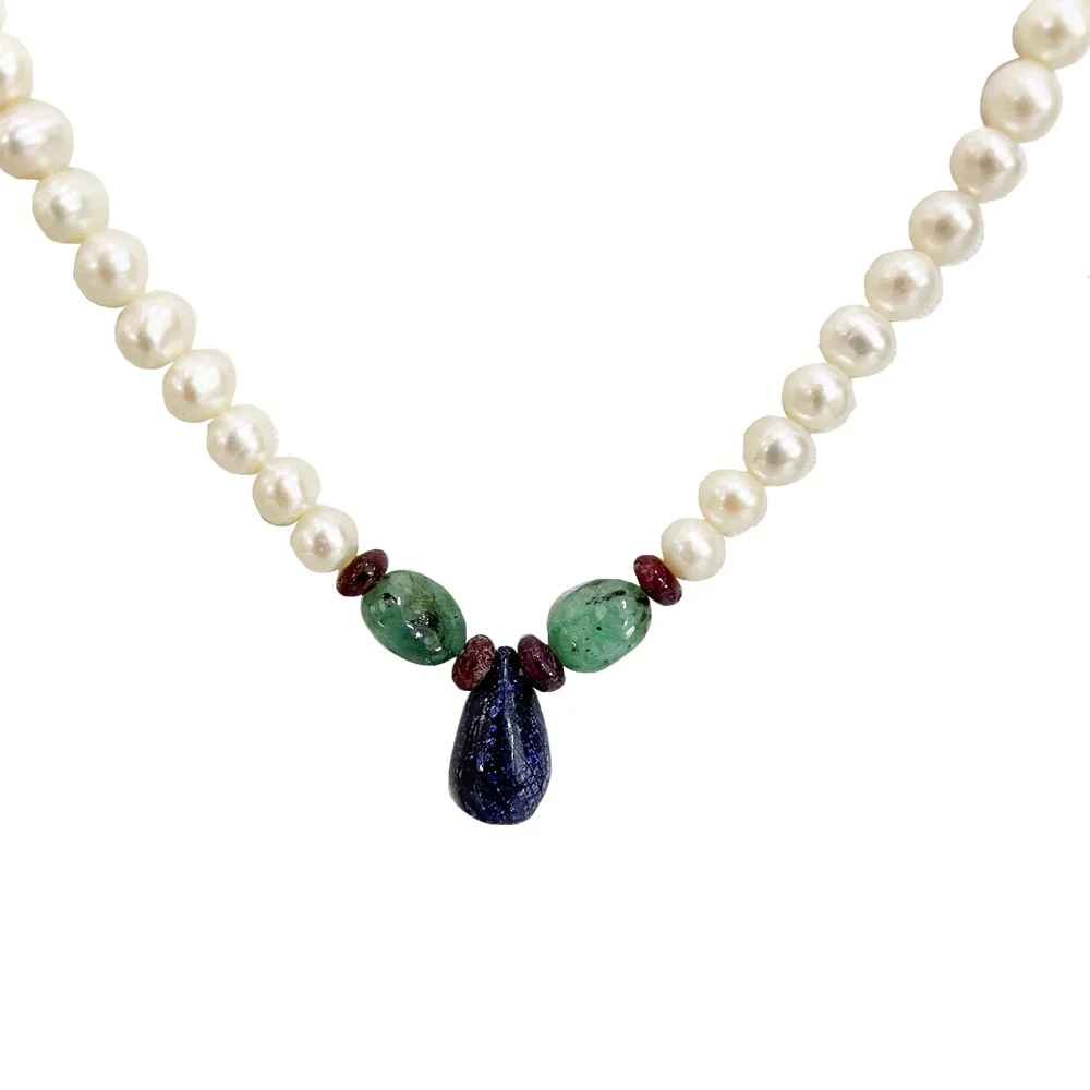 Drop Sapphire, Oval Emerald, Ruby Beads & Freshwater Pearl Necklace (SN1014)