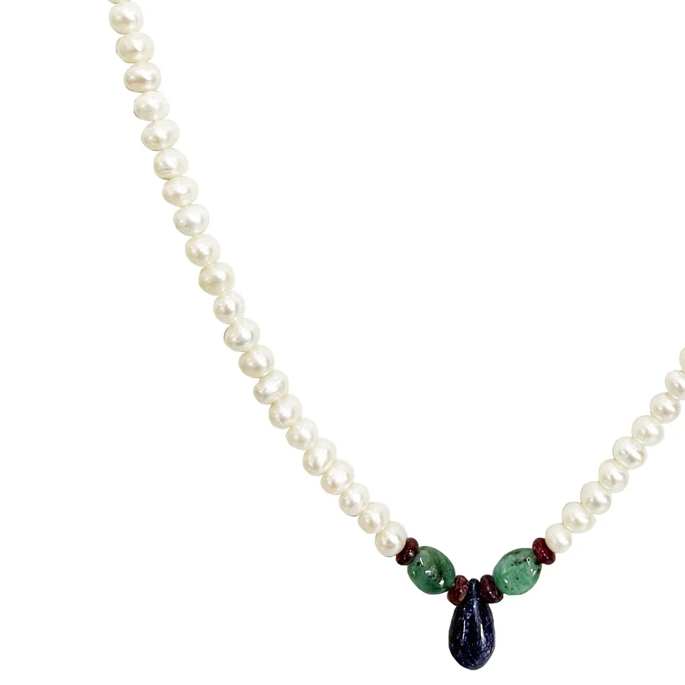 Drop Sapphire, Oval Emerald, Ruby Beads & Freshwater Pearl Necklace (SN1014)