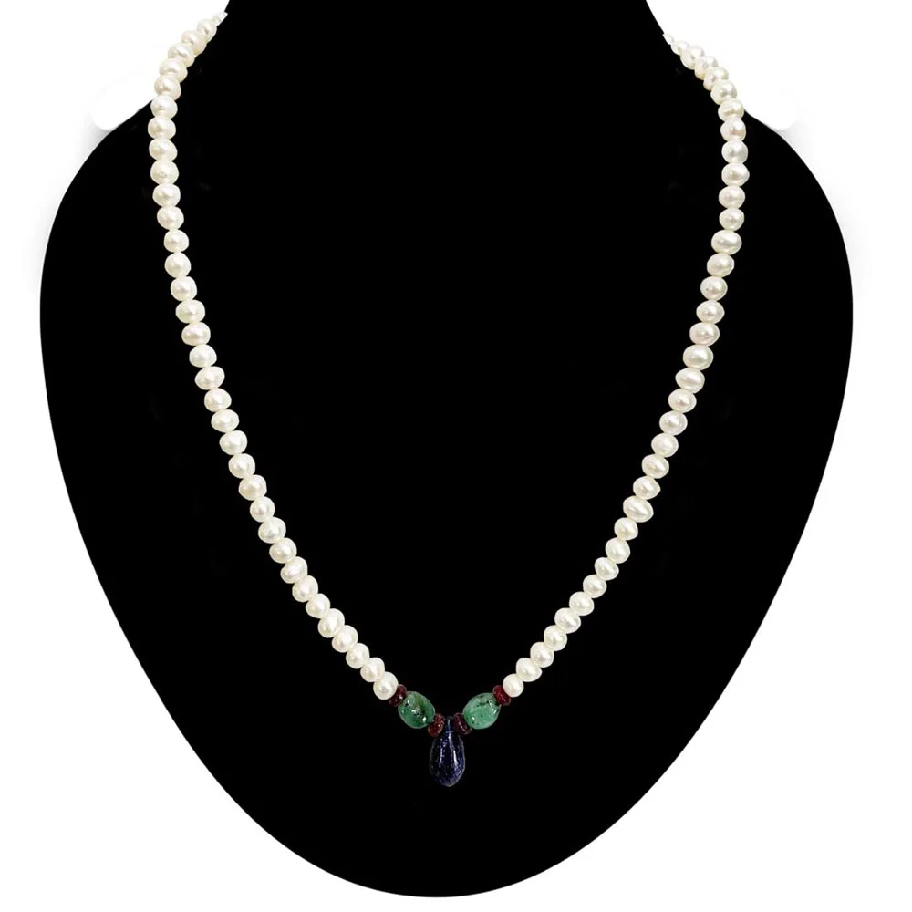 Drop Sapphire, Oval Emerald, Ruby Beads & Freshwater Pearl Necklace (SN1014)