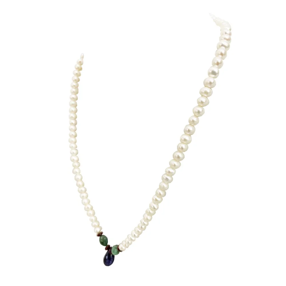 Drop Sapphire, Oval Emerald, Ruby Beads & Freshwater Pearl Necklace (SN1014)