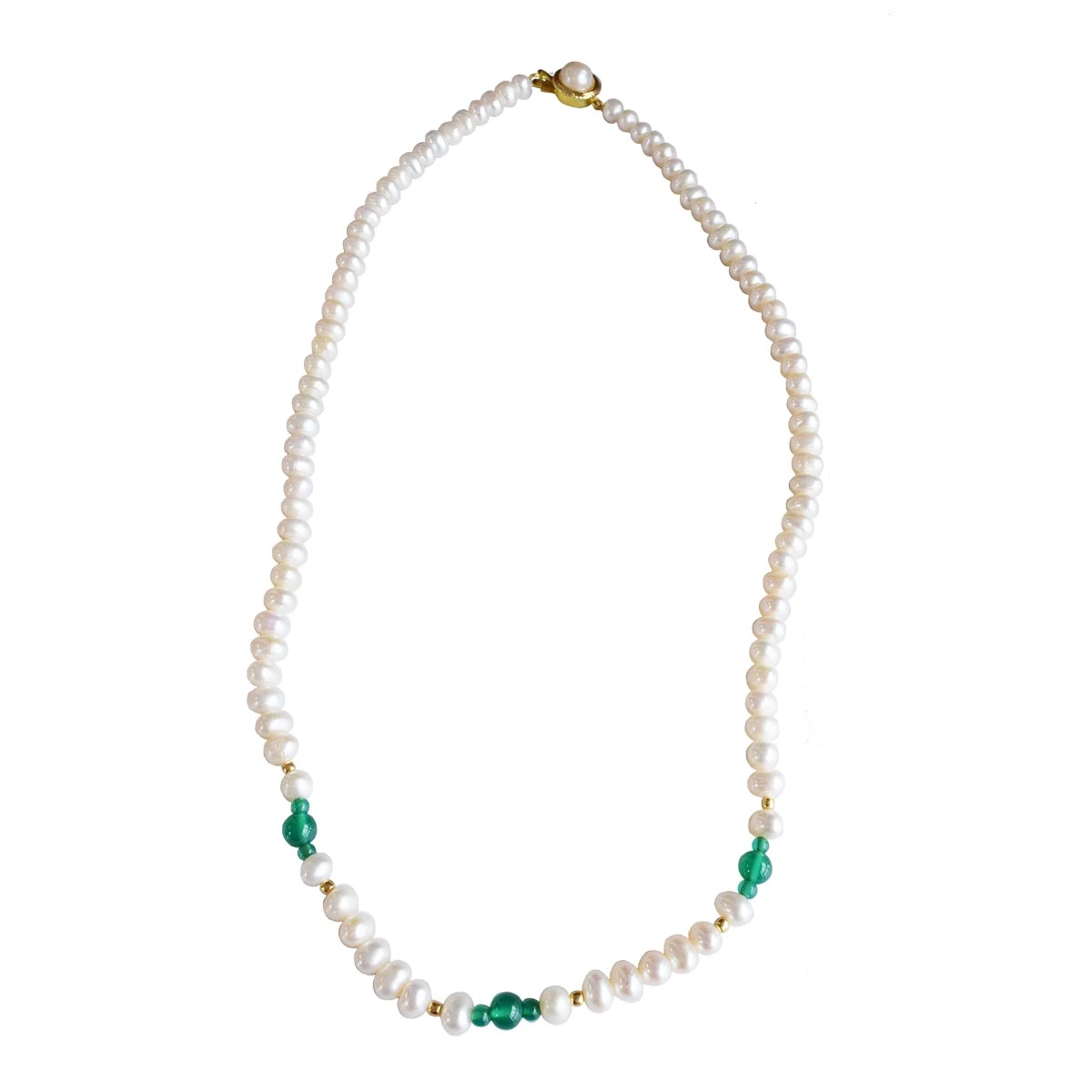 Real Freshwater pearl, Green Onyx & Gold Plated Beads Singel Line Necklace for Women (SN1020)
