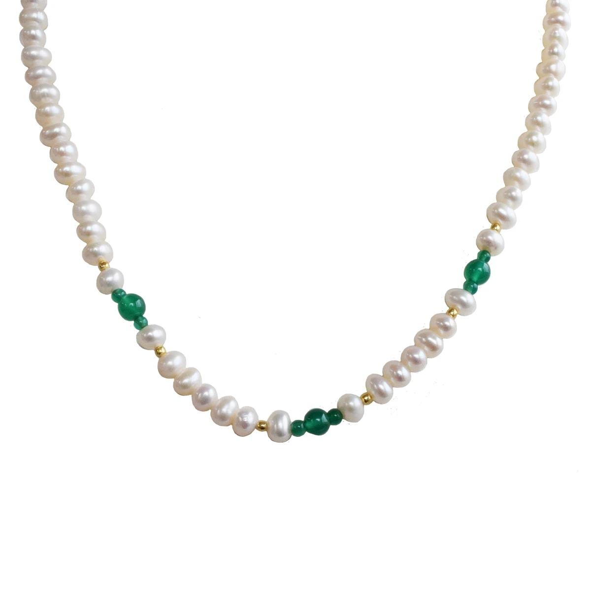 Real Freshwater pearl, Green Onyx & Gold Plated Beads Singel Line Necklace for Women (SN1020)