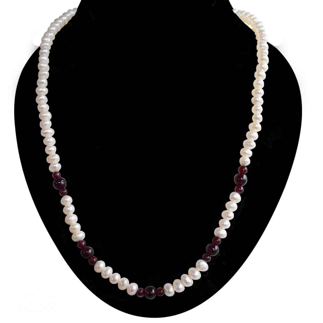 Single Line Real Freshwater Pearl & Red Garnet Beads Necklace for Women (SN1021)