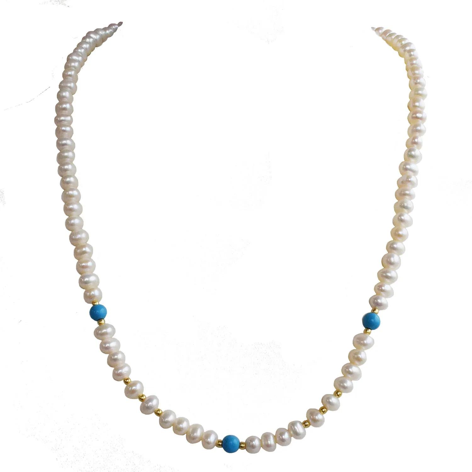 Single Line Real Freshwater Pearl, Gold Plated Beads & Blue Turquoise Beads Necklace (SN1022)