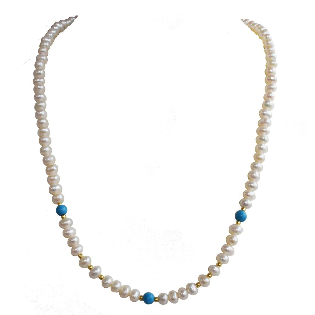 Single Line Real Freshwater Pearl, Gold Plated Beads & Blue Turquoise Beads Necklace (SN1022)