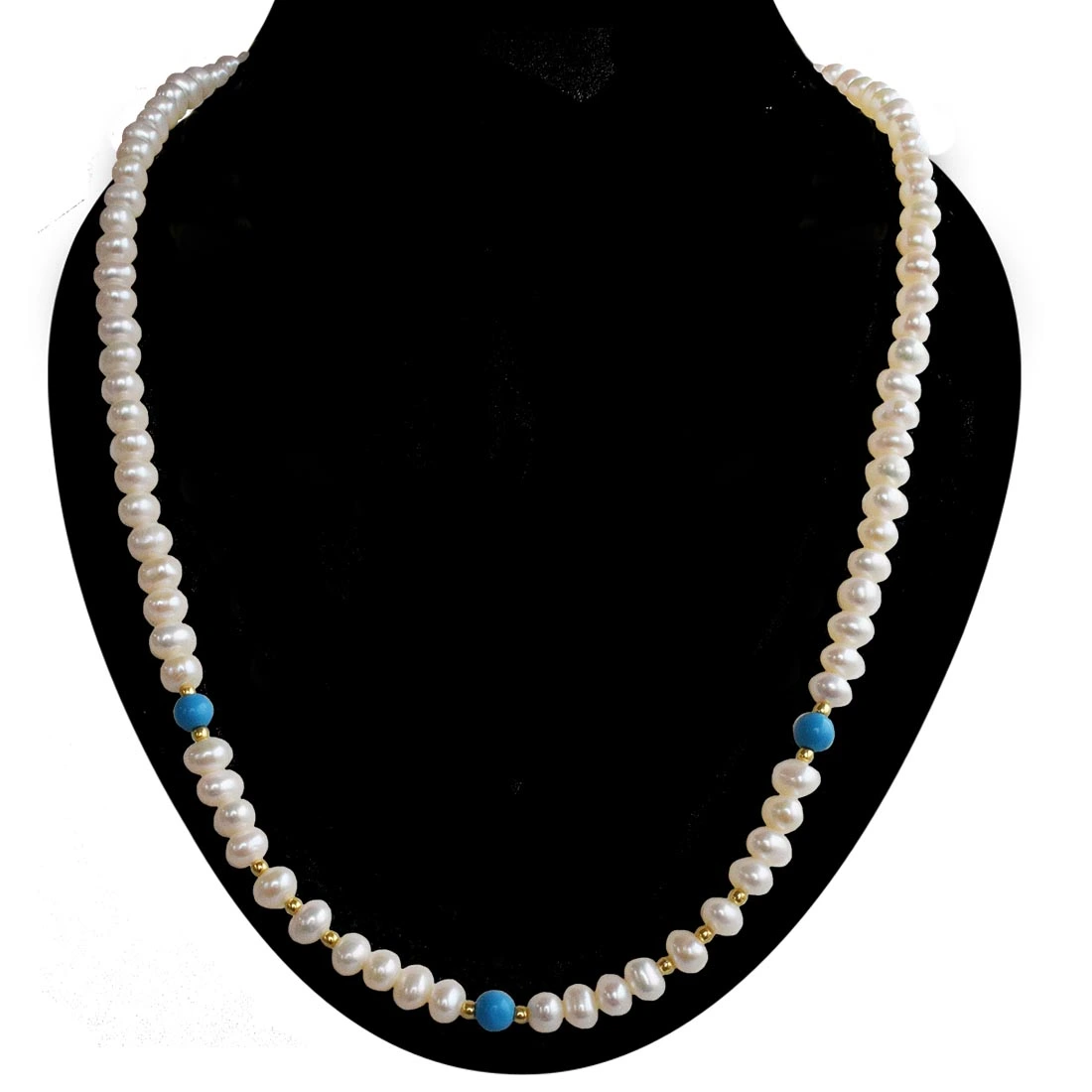 Single Line Real Freshwater Pearl, Gold Plated Beads & Blue Turquoise Beads Necklace (SN1022)