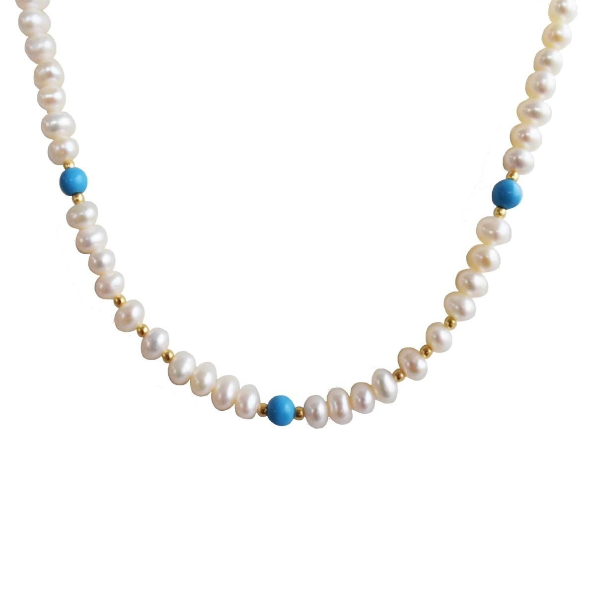 Single Line Real Freshwater Pearl, Gold Plated Beads & Blue Turquoise Beads Necklace (SN1022)