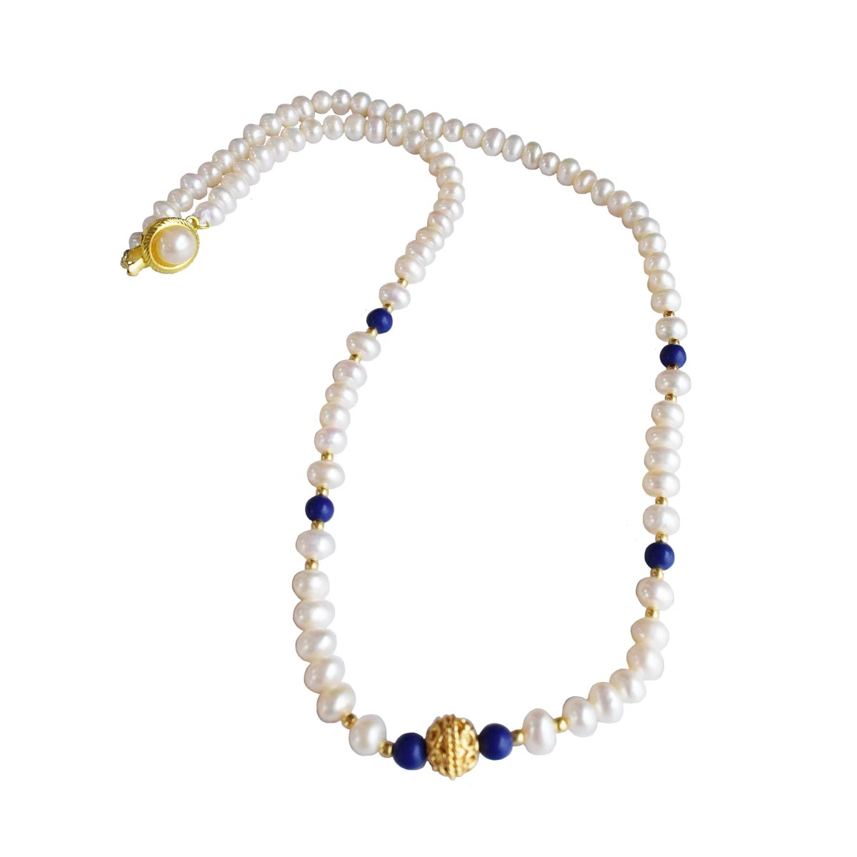 Azure Adornment: Freshwater Pearl, Blue Lapis & Gold Bead Necklace (SN1023)