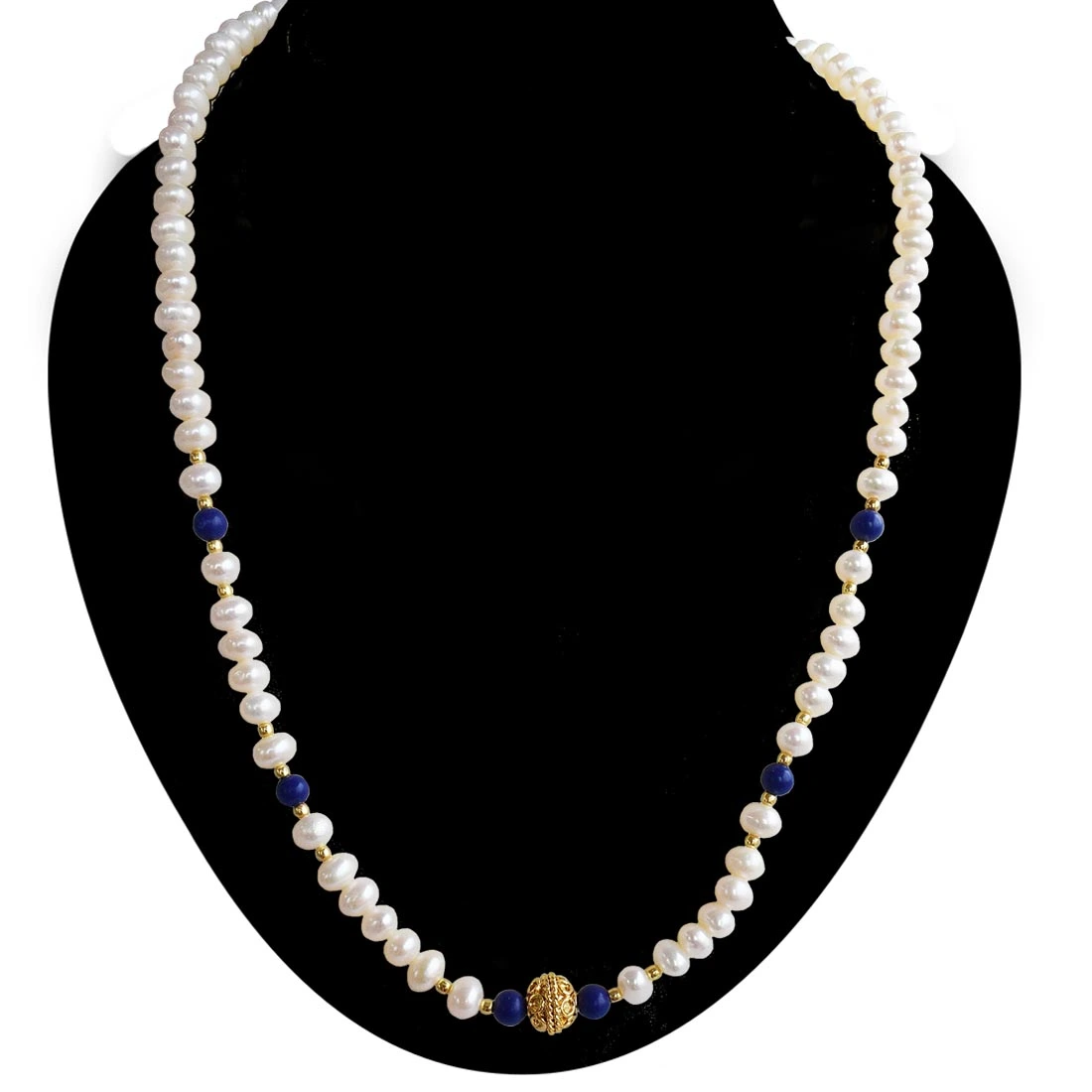 Real Freshwater Pearl, Blue Lapiz, Gold Plated Beads & ball Single Line Necklace for Women (SN1023)