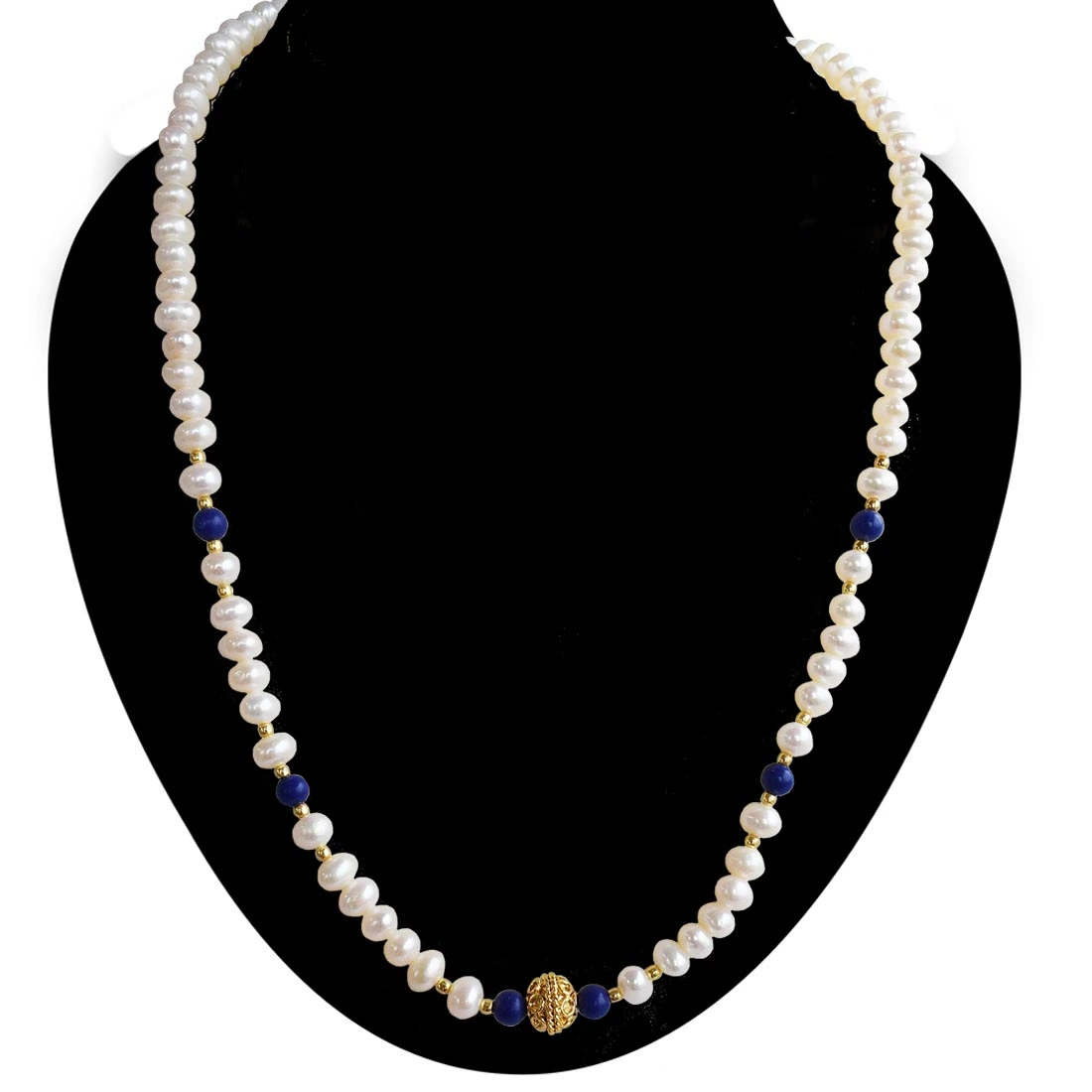 Azure Adornment: Freshwater Pearl, Blue Lapis & Gold Bead Necklace (SN1023)