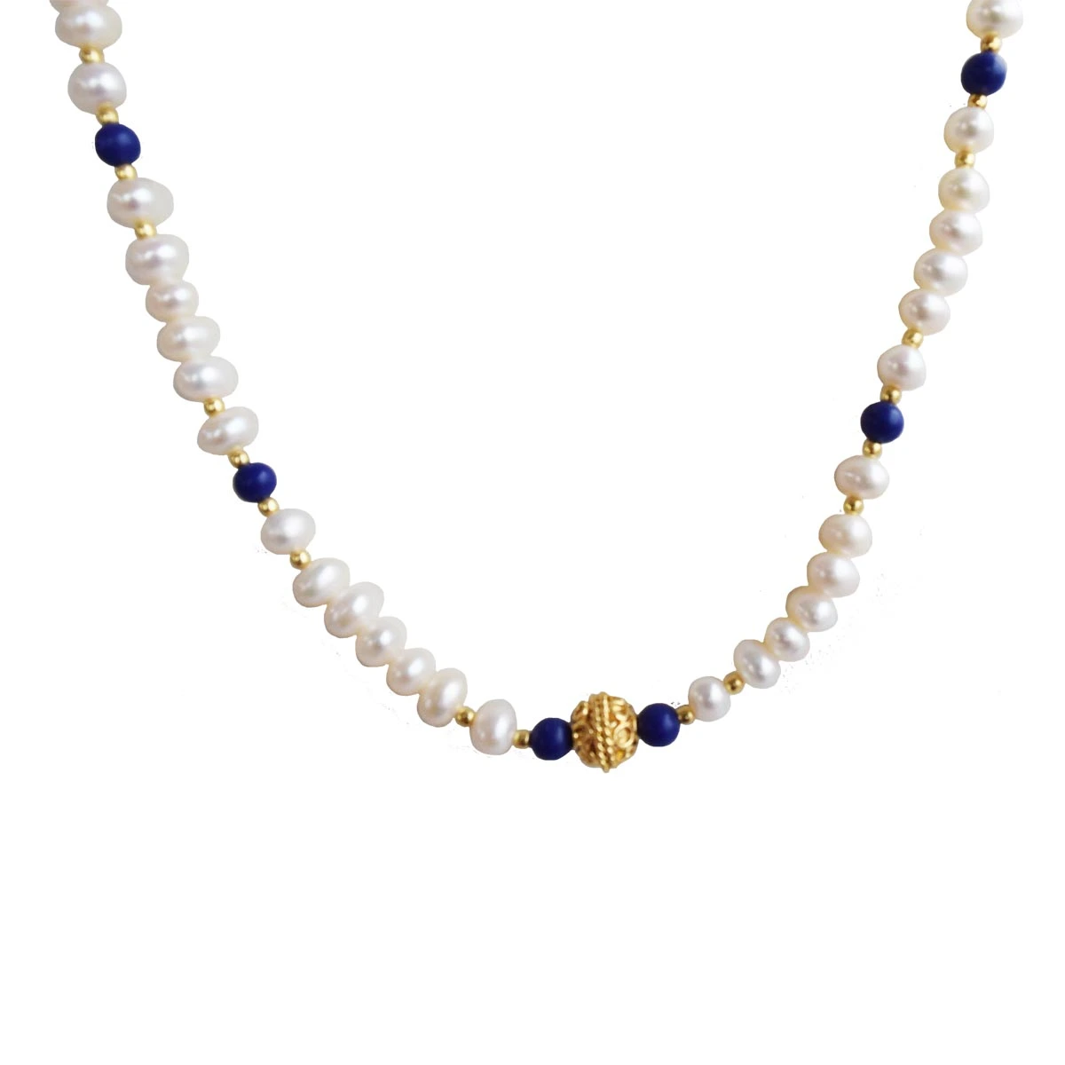 Azure Adornment: Freshwater Pearl, Blue Lapis & Gold Bead Necklace (SN1023)