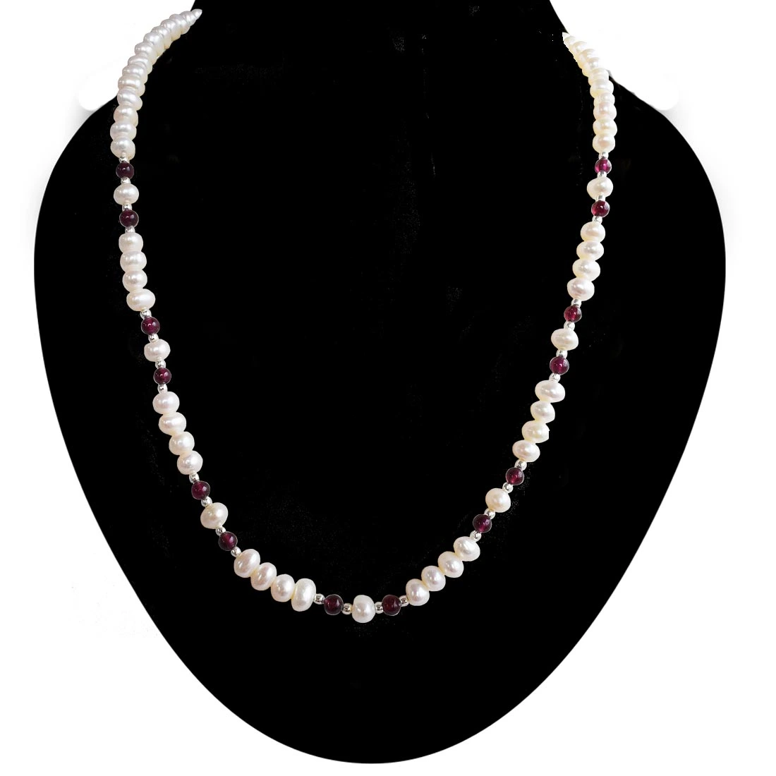 Singel Line Real Freshwater Pearl, Red Garnet & Silver Plated Beads Necklace for Women (SN1024)