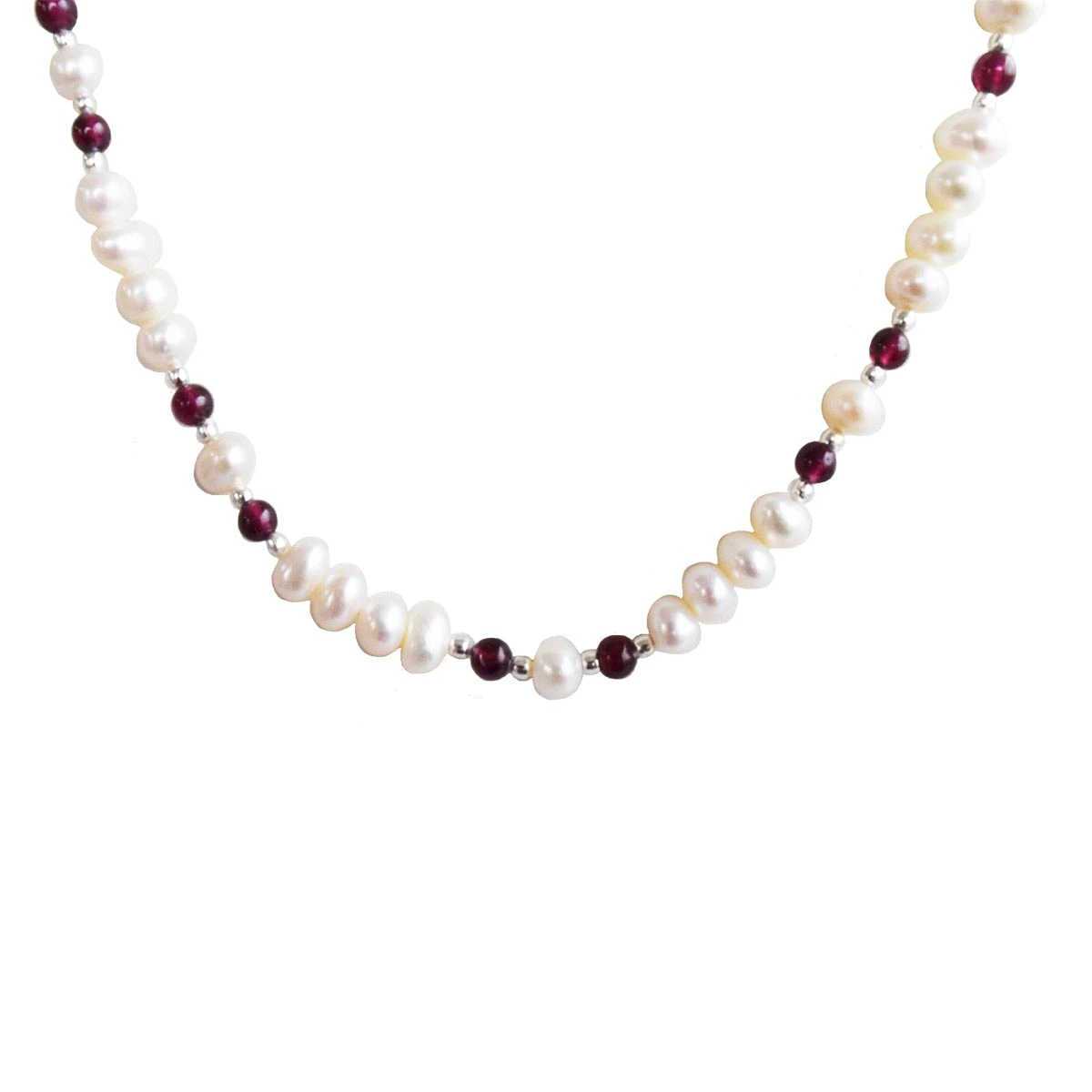 Singel Line Real Freshwater Pearl, Red Garnet & Silver Plated Beads Necklace for Women (SN1024)