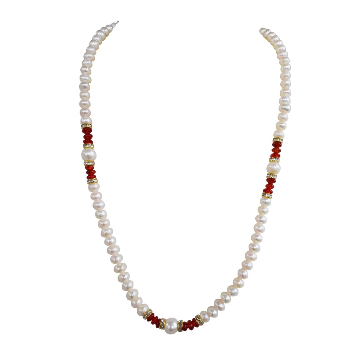 Single Line Real Pearl & Red Stone Necklace for Women (SN1026)