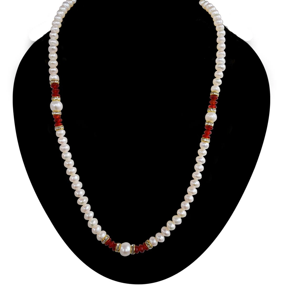 Single Line Real Pearl & Red Stone Necklace for Women (SN1026)