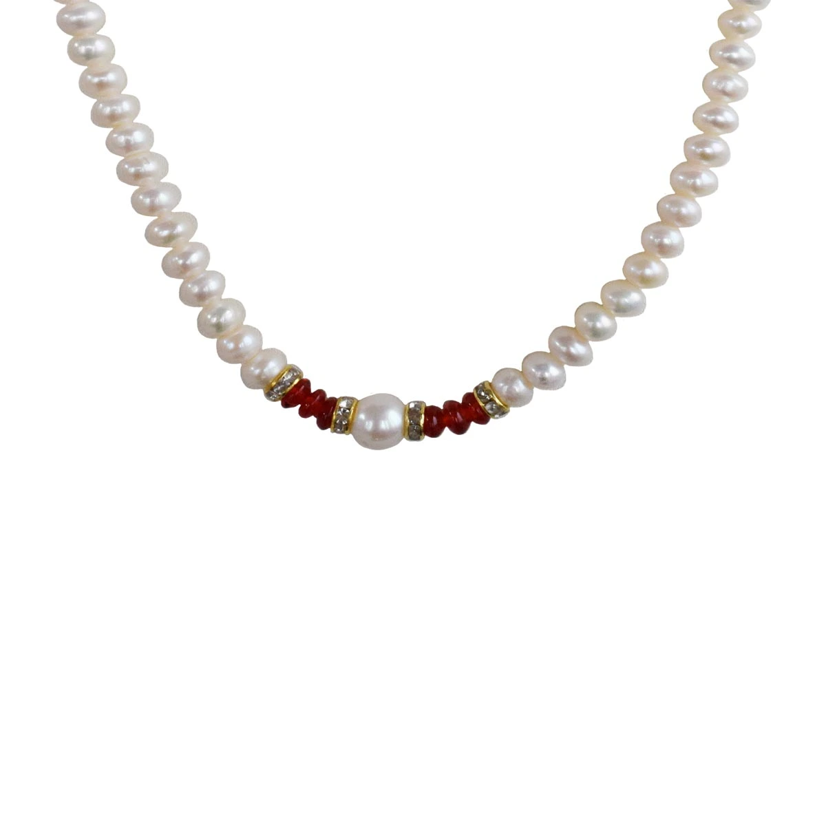 Single Line Real Pearl & Red Stone Necklace for Women (SN1026)