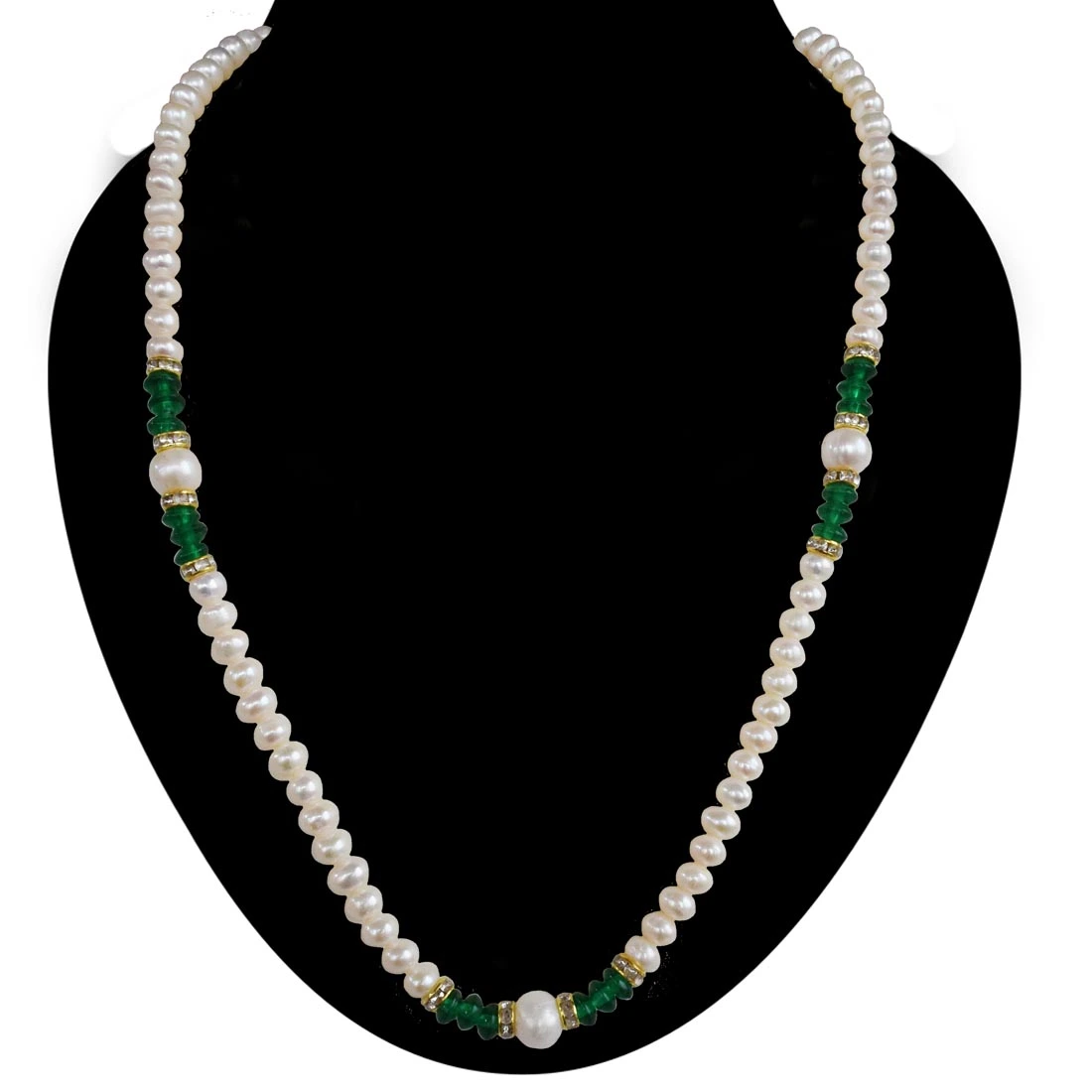 Single Line Real Pearl & Green Stone Necklace for Women (SN1027)