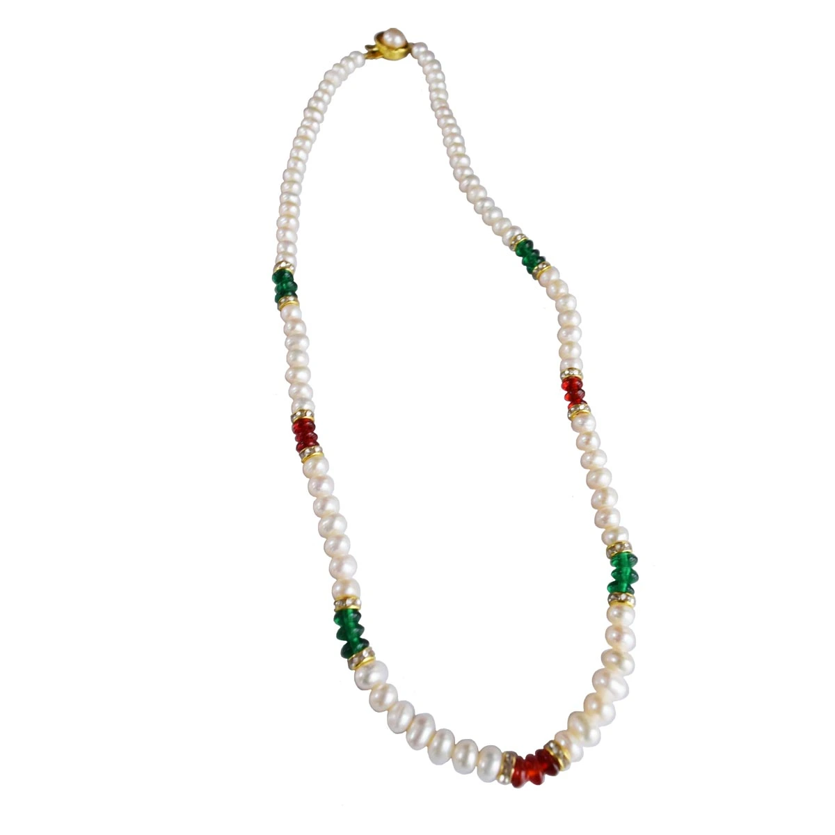 Single Line Real Pearl & Green & Red Coloured Stone Necklace for Women (SN1028)
