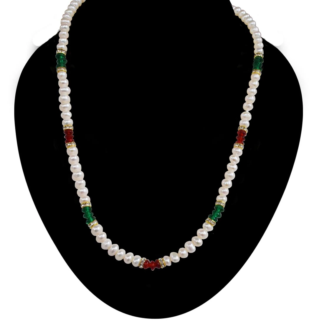 Single Line Real Pearl & Green & Red Coloured Stone Necklace for Women (SN1028)