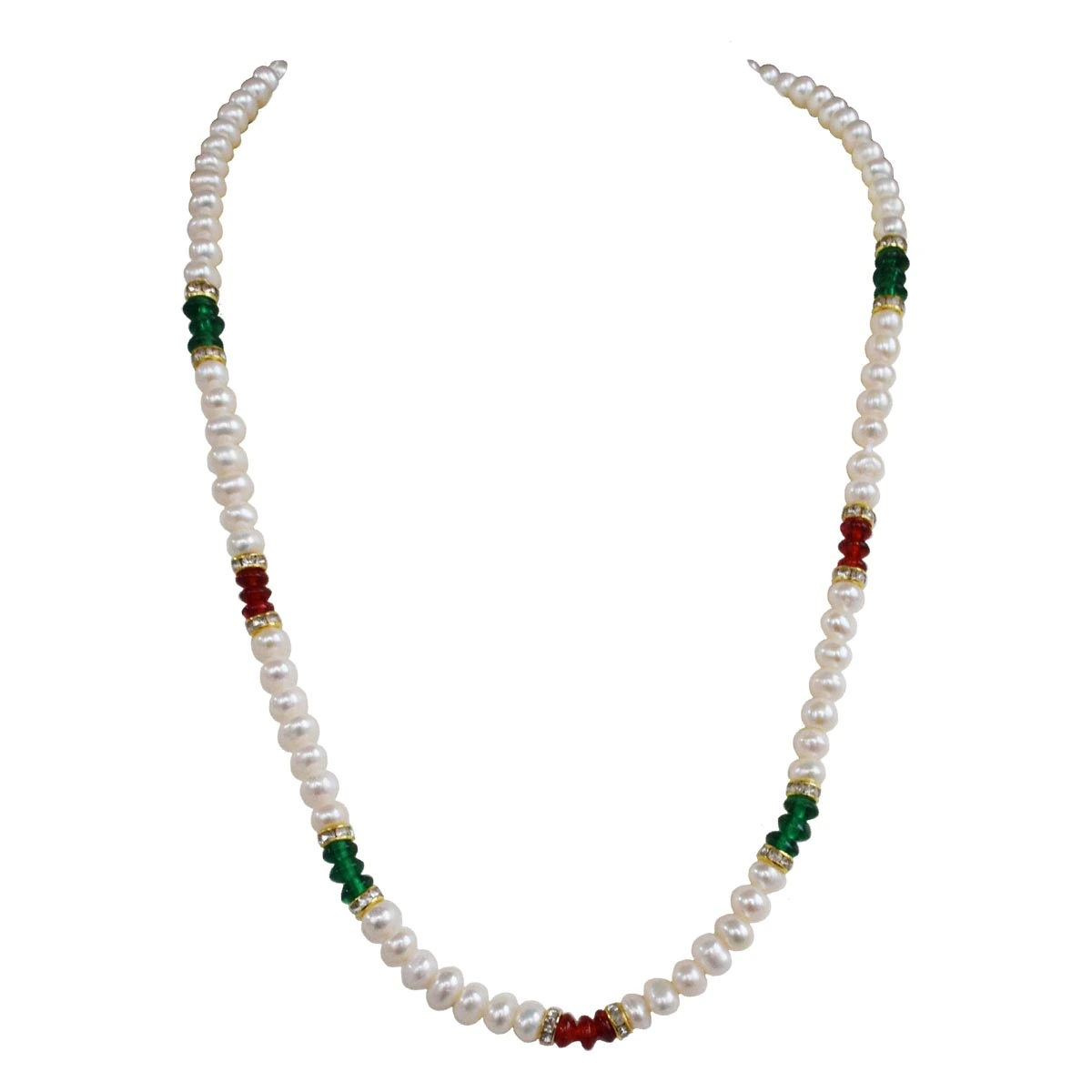 Single Line Real Pearl & Green & Red Coloured Stone Necklace for Women (SN1028)