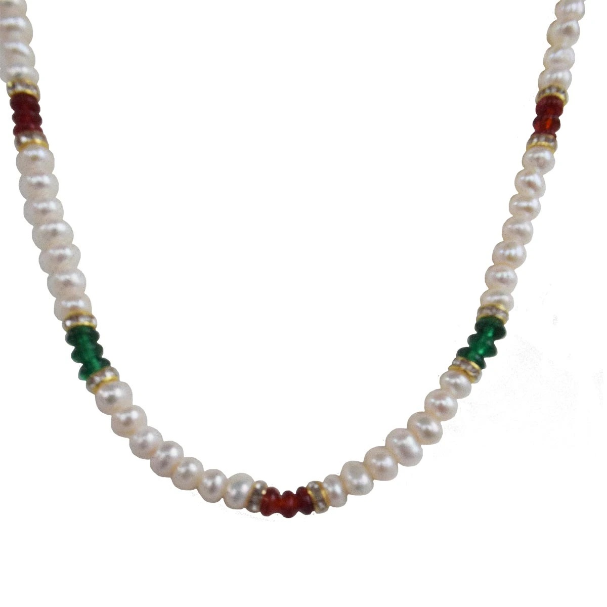 Single Line Real Pearl & Green & Red Coloured Stone Necklace for Women (SN1028)