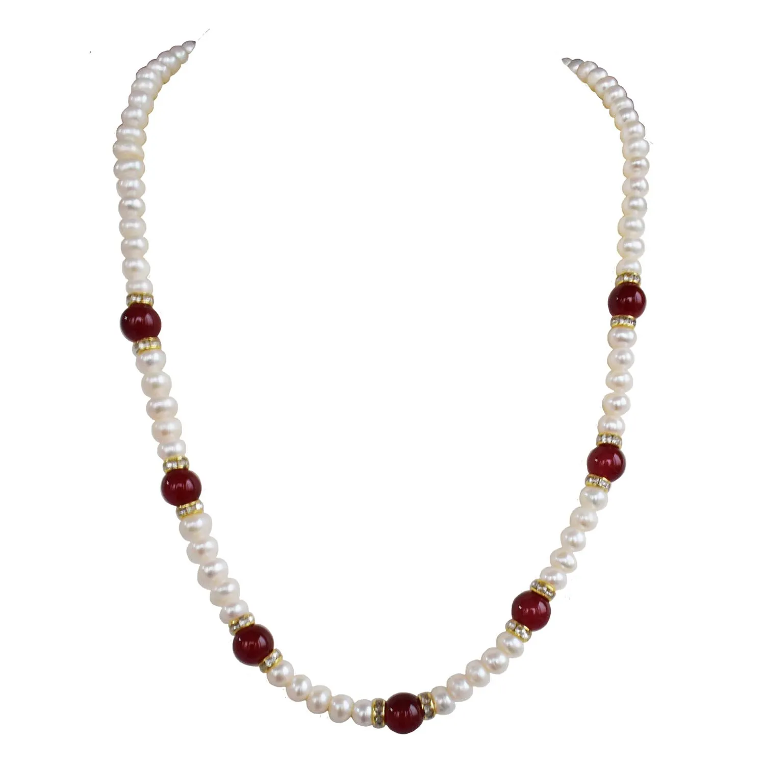 Single Line Real Pearl & Red Coloured Big Stone Necklace, Earrings, Ring, Bracelet Set (SN1029+Ring-1+SE65+SB75)