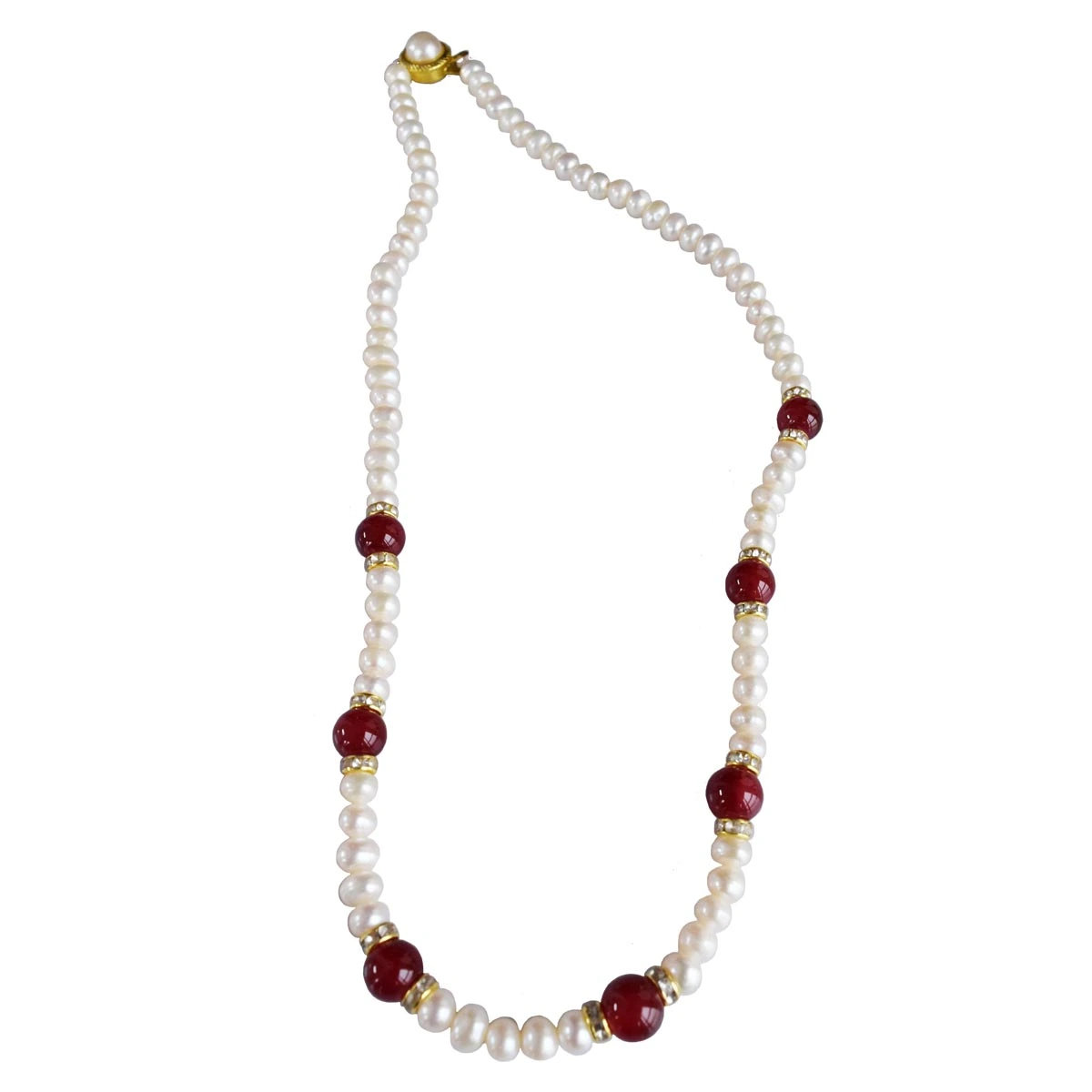 Single Line Real Pearl & Red Coloured Big Stone Necklace for Women (SN1029)