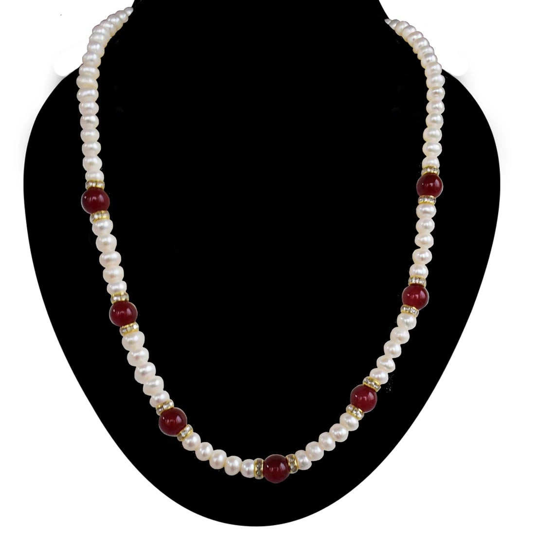 Single Line Real Pearl & Red Coloured Big Stone Necklace for Women (SN1029)