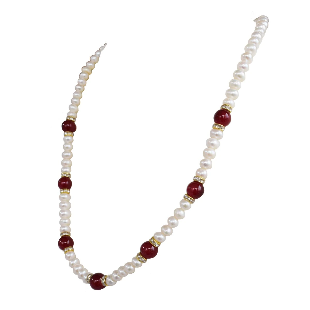 Single Line Real Pearl & Red Coloured Big Stone Necklace for Women (SN1029)