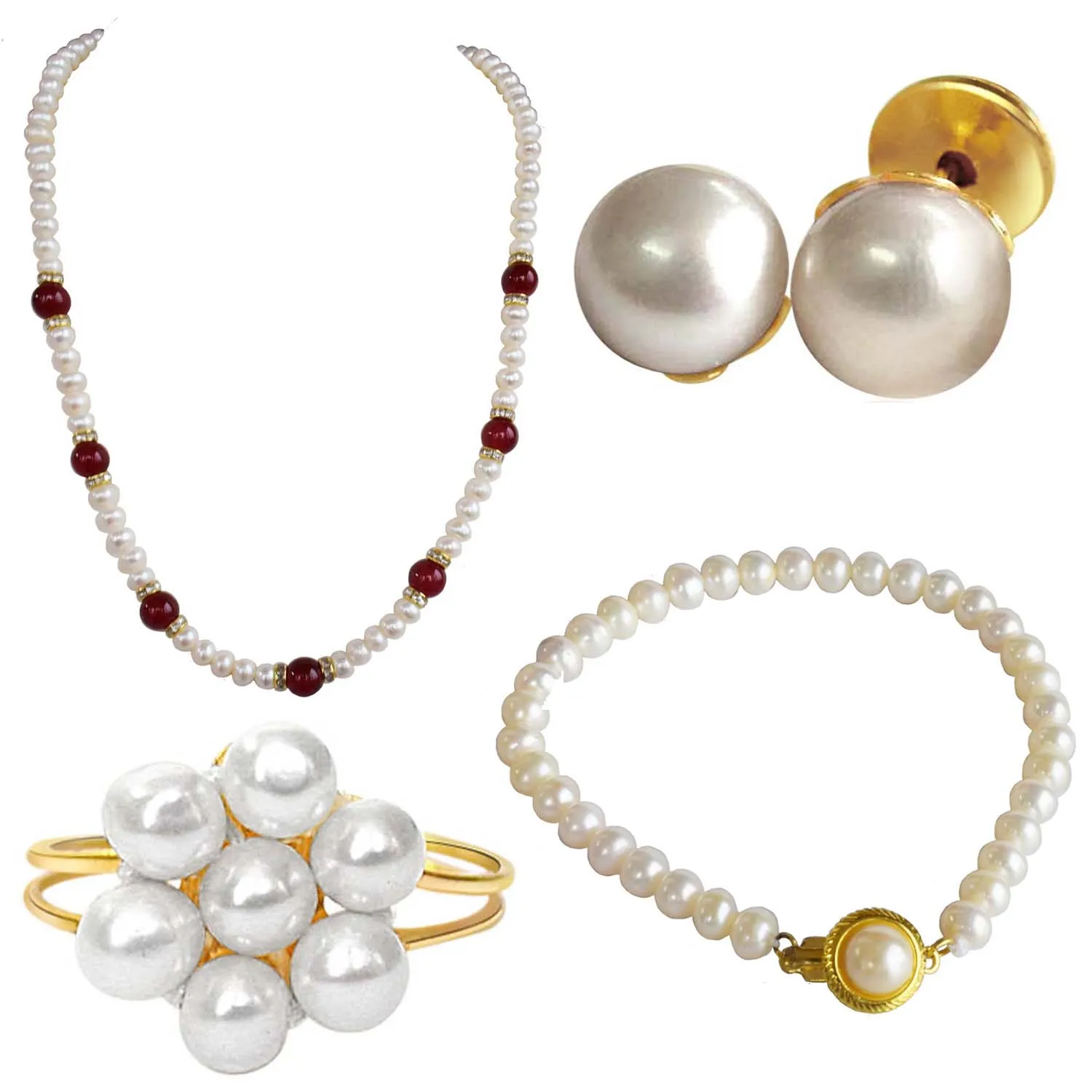 Single Line Real Pearl & Red Coloured Big Stone Necklace, Earrings, Ring, Bracelet Set (H1965)