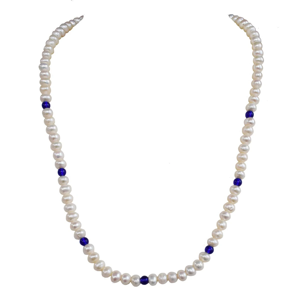 Single Line Real Pearl & Blue Coloured Stone Necklace for Women (SN1030)