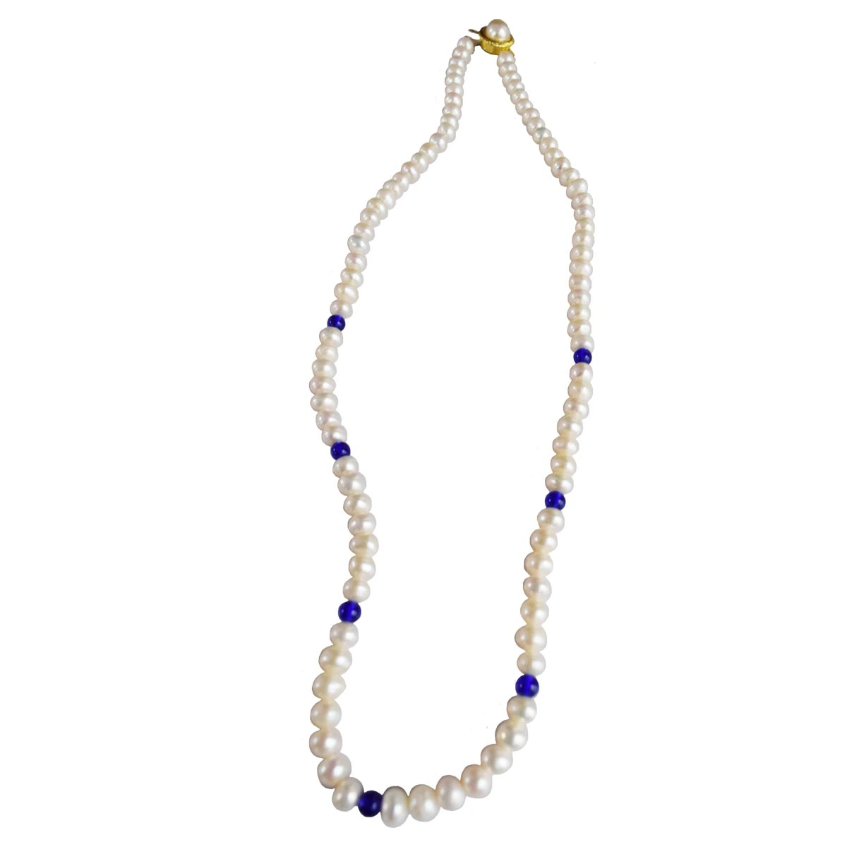 Single Line Real Pearl & Blue Coloured Stone Necklace for Women (SN1030)