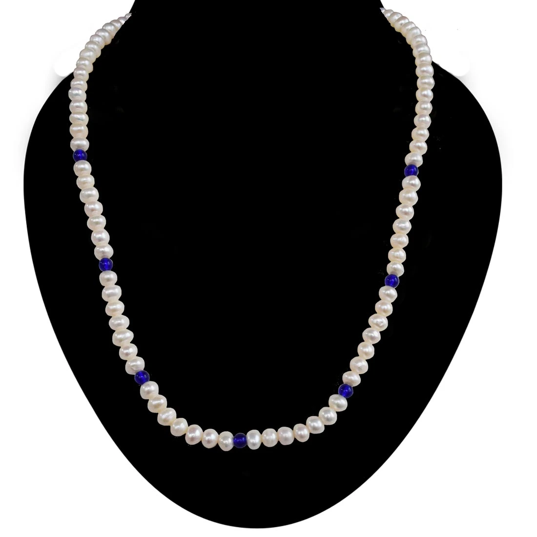 Single Line Real Pearl & Blue Coloured Stone Necklace for Women (SN1030)