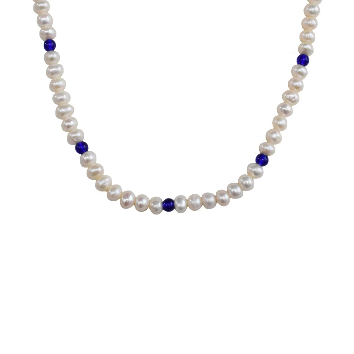 Single Line Real Pearl & Blue Coloured Stone Necklace for Women (SN1030)