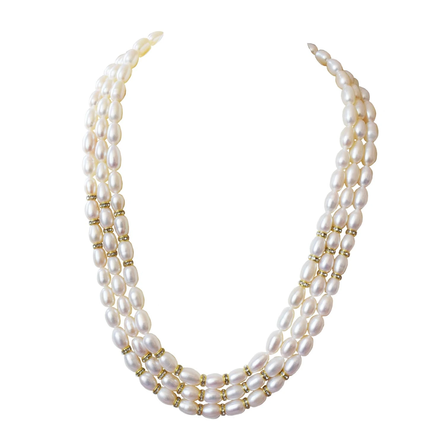 3 Line Real Big Elongated Pearl and Stone Ring Necklace for Women (SN1032)