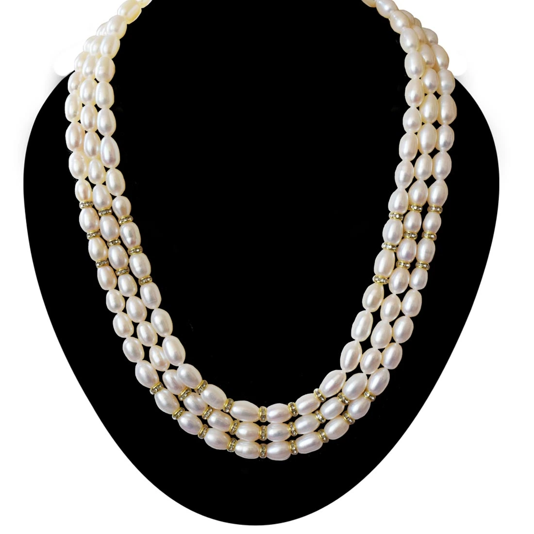 3 Line Real Big Elongated Pearl and Stone Ring Necklace for Women (SN1032)
