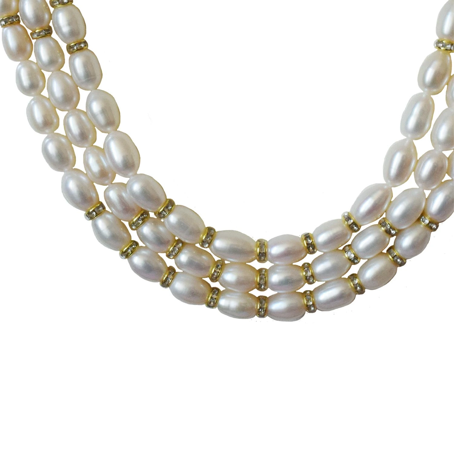3 Line Real Big Elongated Pearl and Stone Ring Necklace for Women (SN1032)