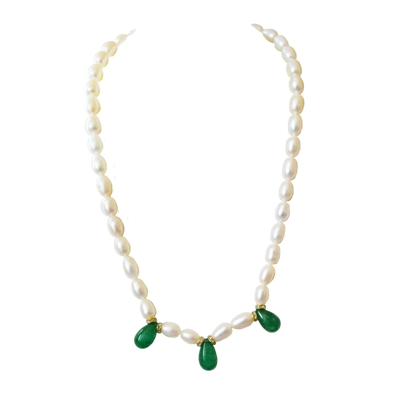 Single Line Drop Green Onyx, Stone Ring and Big Elongated Pearl Necklace for Women (SN1033)