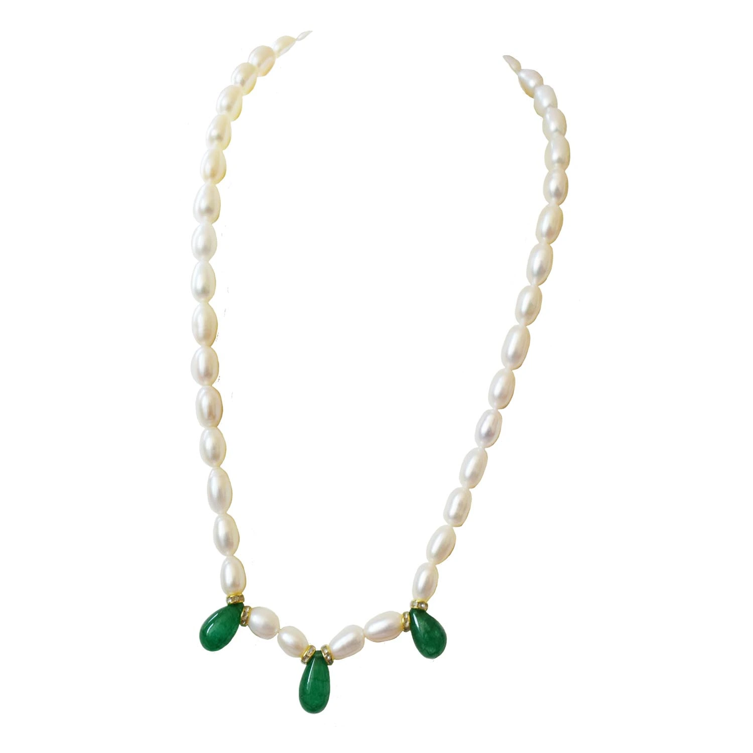 Single Line Drop Green Onyx, Stone Ring and Big Elongated Pearl Necklace for Women (SN1033)