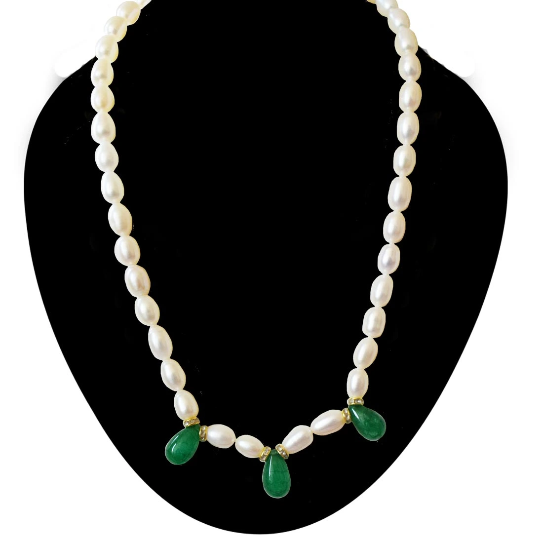 Single Line Drop Green Onyx, Stone Ring and Big Elongated Pearl Necklace for Women (SN1033)
