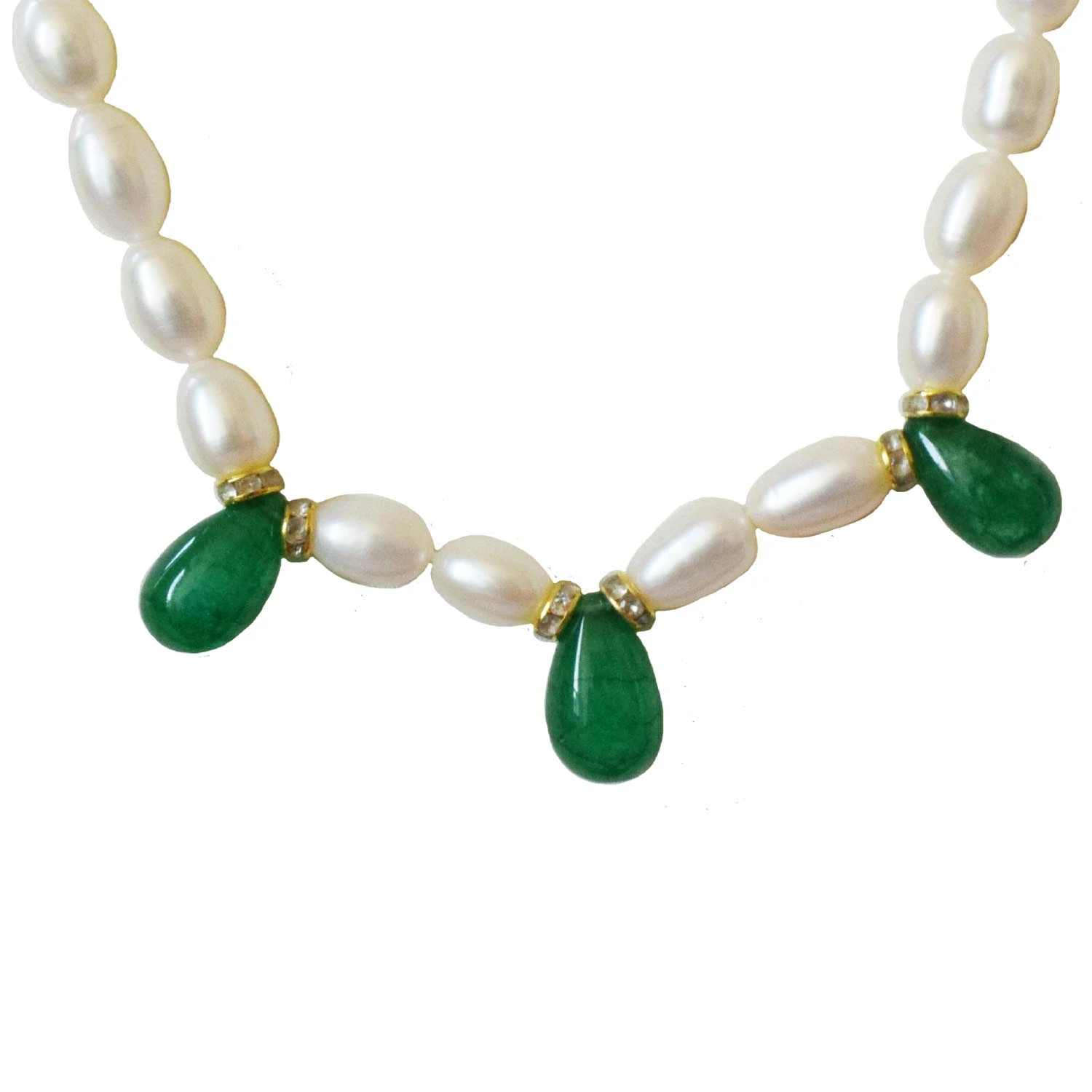 Single Line Drop Green Onyx, Stone Ring and Big Elongated Pearl Necklace for Women (SN1033)